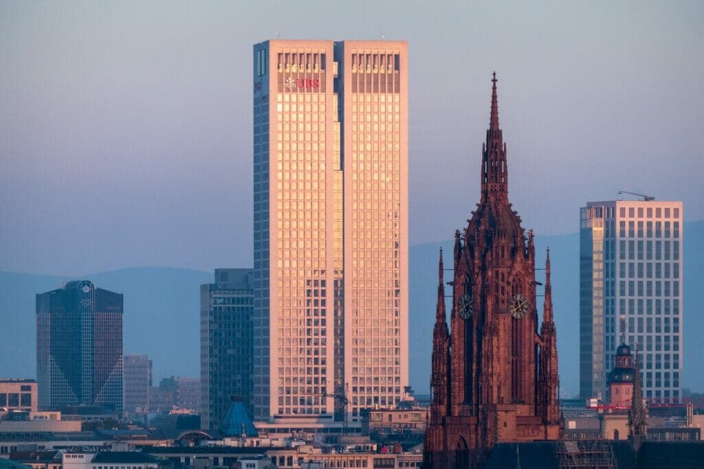 Frankfurt Germany cityscape with modern skyscrapers and river Main